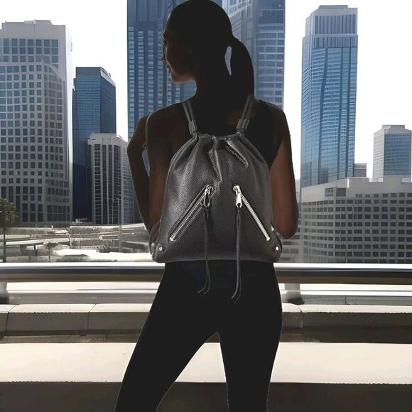 Rebecca Minkoff Moto Drawstring Backpack Black Soft Pebbled Leather 14x13x1 - Picture 1 of 8